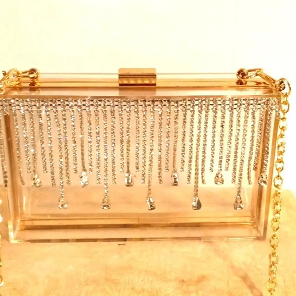 Clear Acrylic Rhinestone and Gold Hardbody Gold Chain Crossbody Clutch 7…